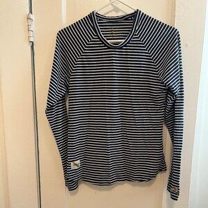 Tracksmith  Horizon Long Sleeve Shirt, Navy Blue/White Striped, Size Medium